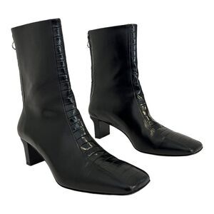 Aeyde Size 38 US 7 Molly Paneled Smooth Black Leather Croc Print Ankle Boots
